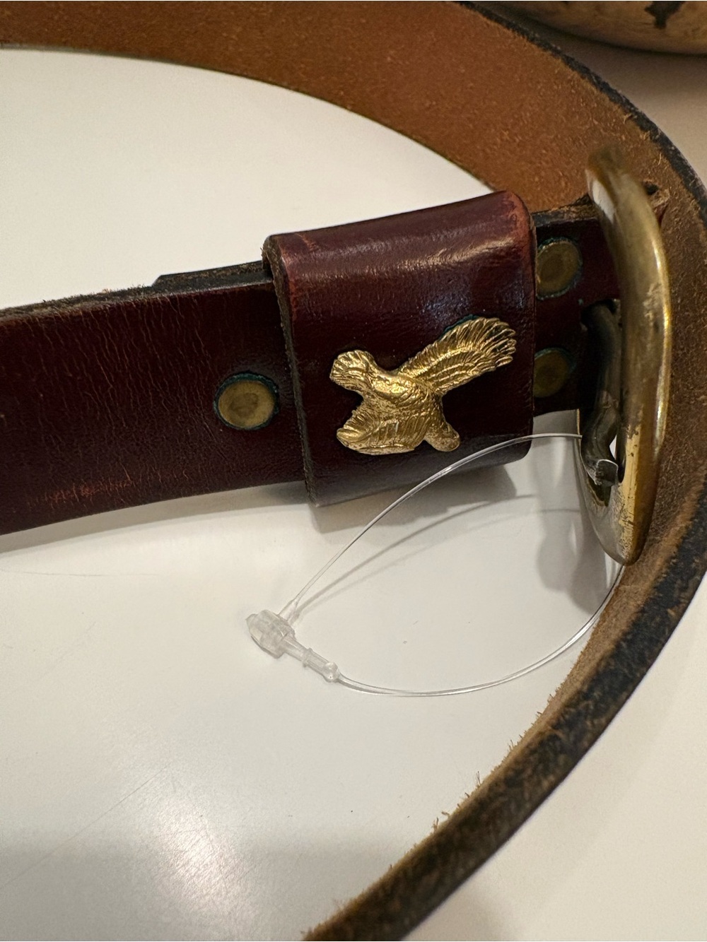 Vintage Brown Leather Men's Belt with Gold Eagle Accent